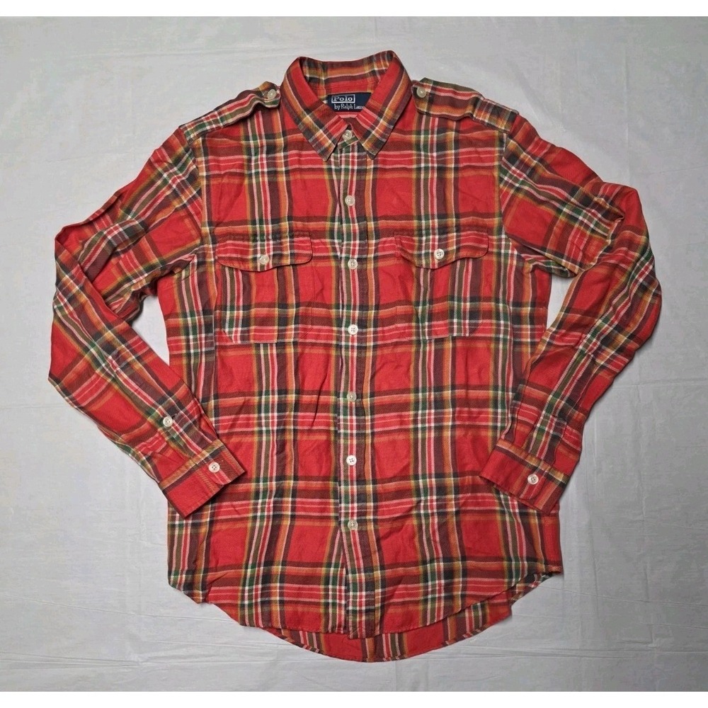 Polo Ralph Lauren Shirt Mens Medium Silk Linen Plaid Red Long Sleeve Button Up